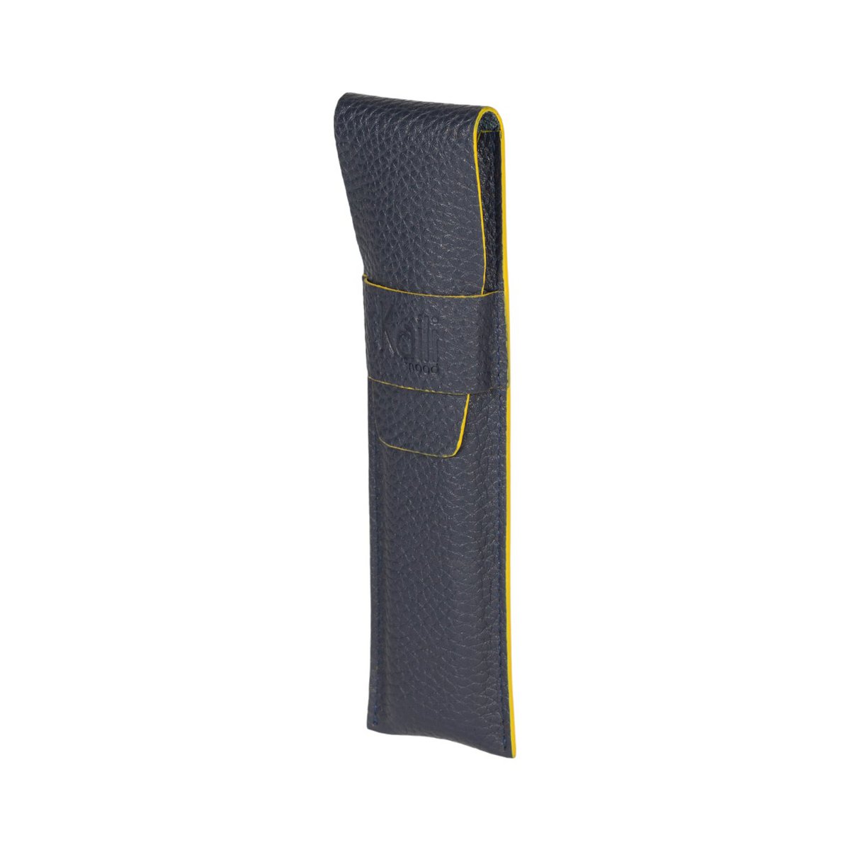 K0028DB | Etui van echt volnerf leer, dollargrain - Blauwe kleur met gele randen - Afmetingen: 4,5 x 16,5 x 1 cm - Verpakking: Geschenkdoos onder/deksel