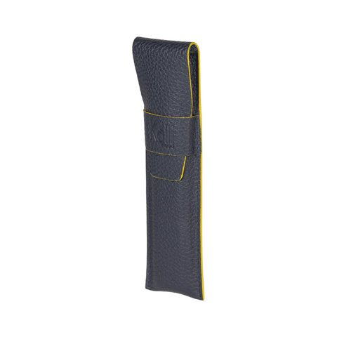 K0028DB | Pen case in genuine full grain leather, dollar grain - Blue color with yellow edges - Dimensions: 4.5 x 16.5 x 1 cm - Packaging: Bottom/lid gift box