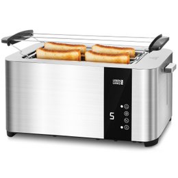 A long slot toaster with 4 slices, bread roll attachment, touchscreen LED display, 7 toast levels, and 1400W power in brushed stainless steel. Suitable for large slices of toast.