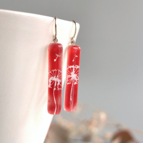 Dandelion earrings in deep red and white, Long dangle bar, Glass and sterling silver