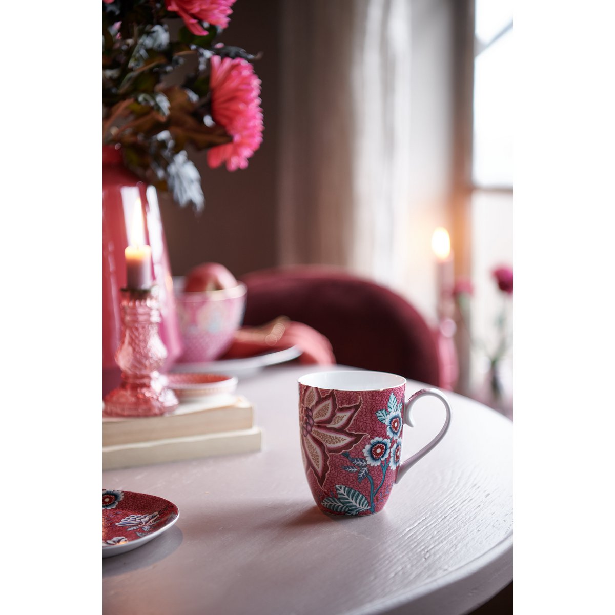 Set/2 Mugs Large Flower Festival Dark Pink 350ml