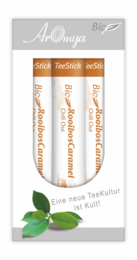 Organic rooibos tea sticks in caramel flavor, packaged in a set of 20 sorted tea sticks.