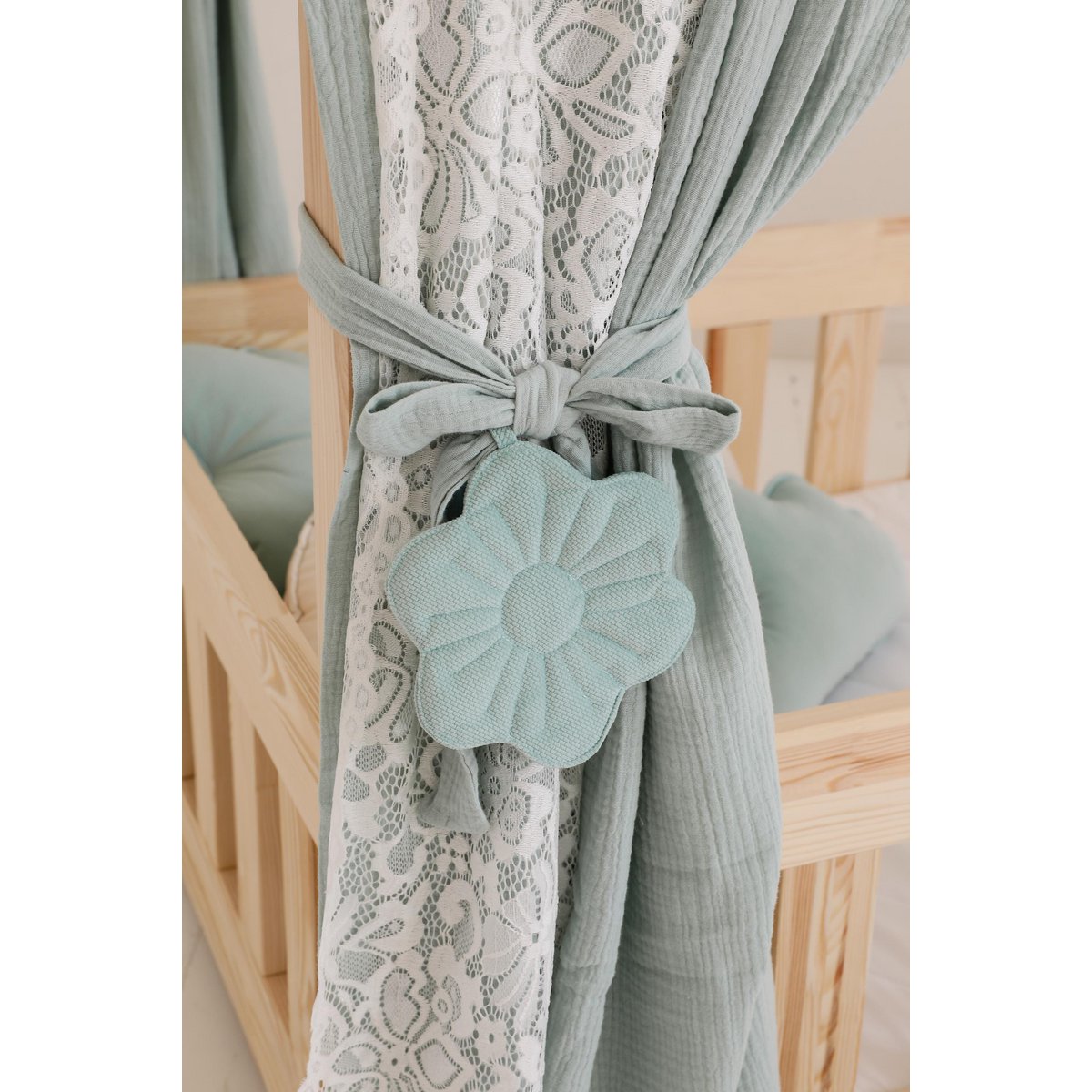 Muslin Boho Canopy with lace over the bed, House bed tent for children's room | Curtains for montessori bed |Toddler Bed Canopy, mint decor