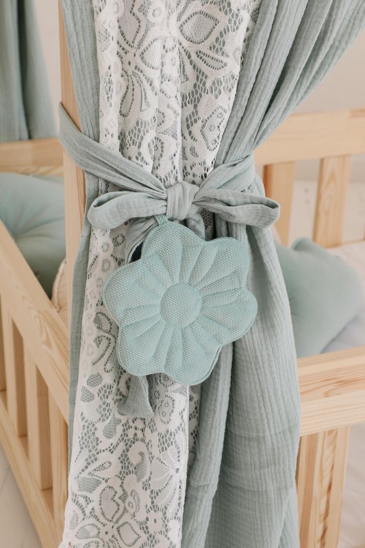 Muslin Boho Canopy with lace over the bed, House bed tent for children's room | Curtains for montessori bed |Toddler Bed Canopy, mint decor