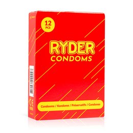 Ryder Condoms - 12 Pack. Red and yellow packaging with the Ryder brand name. Condoms for safe intimate protection.