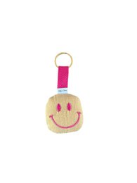 Smiley face keychain, yellow and pink, smiling expression, round shape, fabric material, cute accessory.