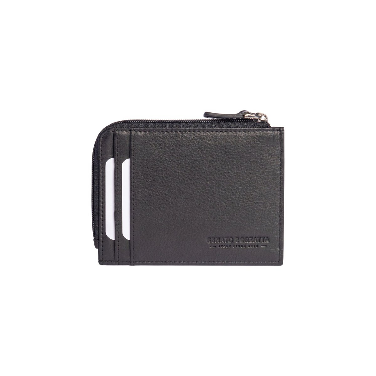 RB10793A | Karten-/Dokumentenetui mit Reißverschluss und RFID-Schutz aus echtem Vollnarbenleder mit leichter Narbung. Schwarze Farbe. Abmessungen: 12 x 9 x 0,5 cm