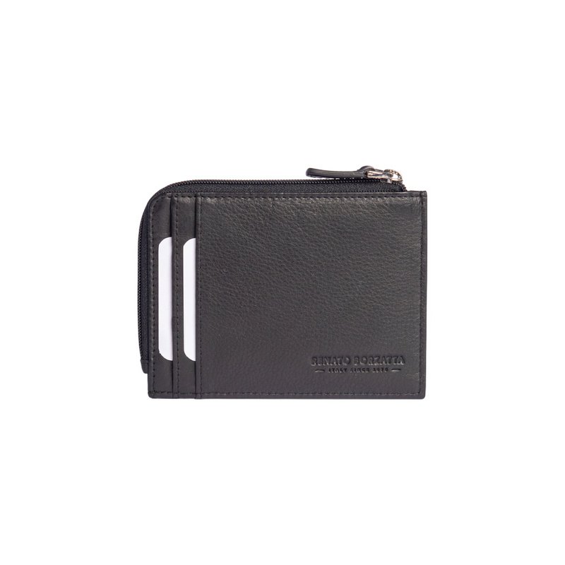 RB10793A | Karten-/Dokumentenetui mit Reißverschluss und RFID-Schutz aus echtem Vollnarbenleder mit leichter Narbung. Schwarze Farbe. Abmessungen: 12 x 9 x 0,5 cm
