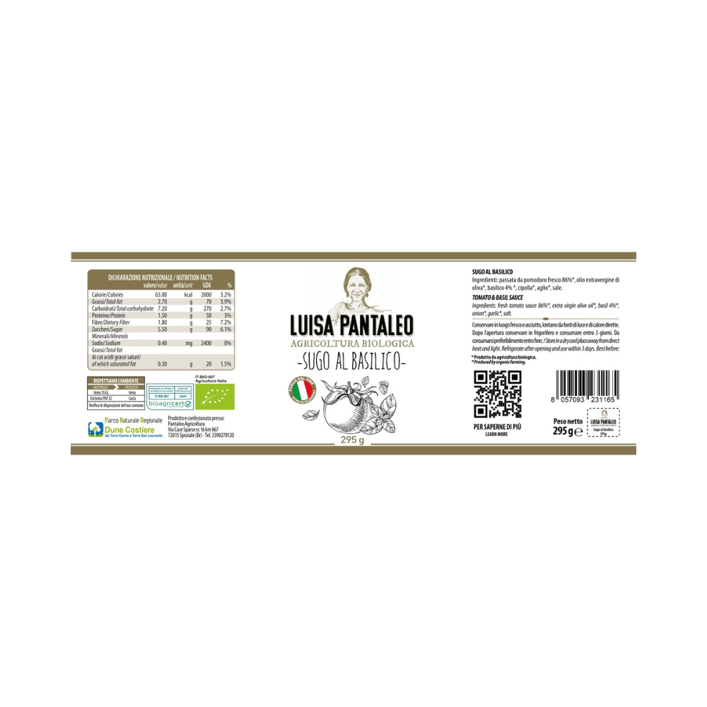 Luisa Pantaleo Organic Tomato and Basil Sauce, made in Italy