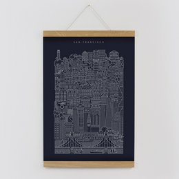 Detailed blueprint-style wall art print of the San Francisco cityscape in a navy blue color scheme.