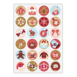 24 handbeschilderde adventsstickers met de cijfers 1 - 24 op kerstsymbolen, rood beige lichtblauw, MATTE papieren stickers voor adventskalenders (ø 45 mm; 24 cijfers) kleur 3