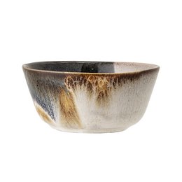 A round, shallow bowl made of stoneware with a mottled grey and brown glaze, featuring a textured, earthy appearance.