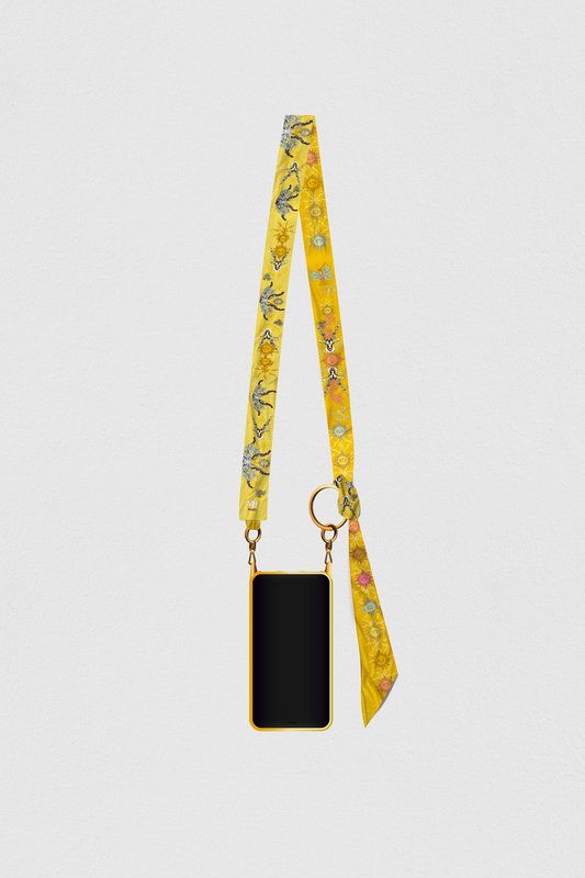 Virginieriou - Telefon skulderrem "Solens shameller" - 100% genanvendt polyester twill - gule / totem dyr - 128 cm x 5 cm