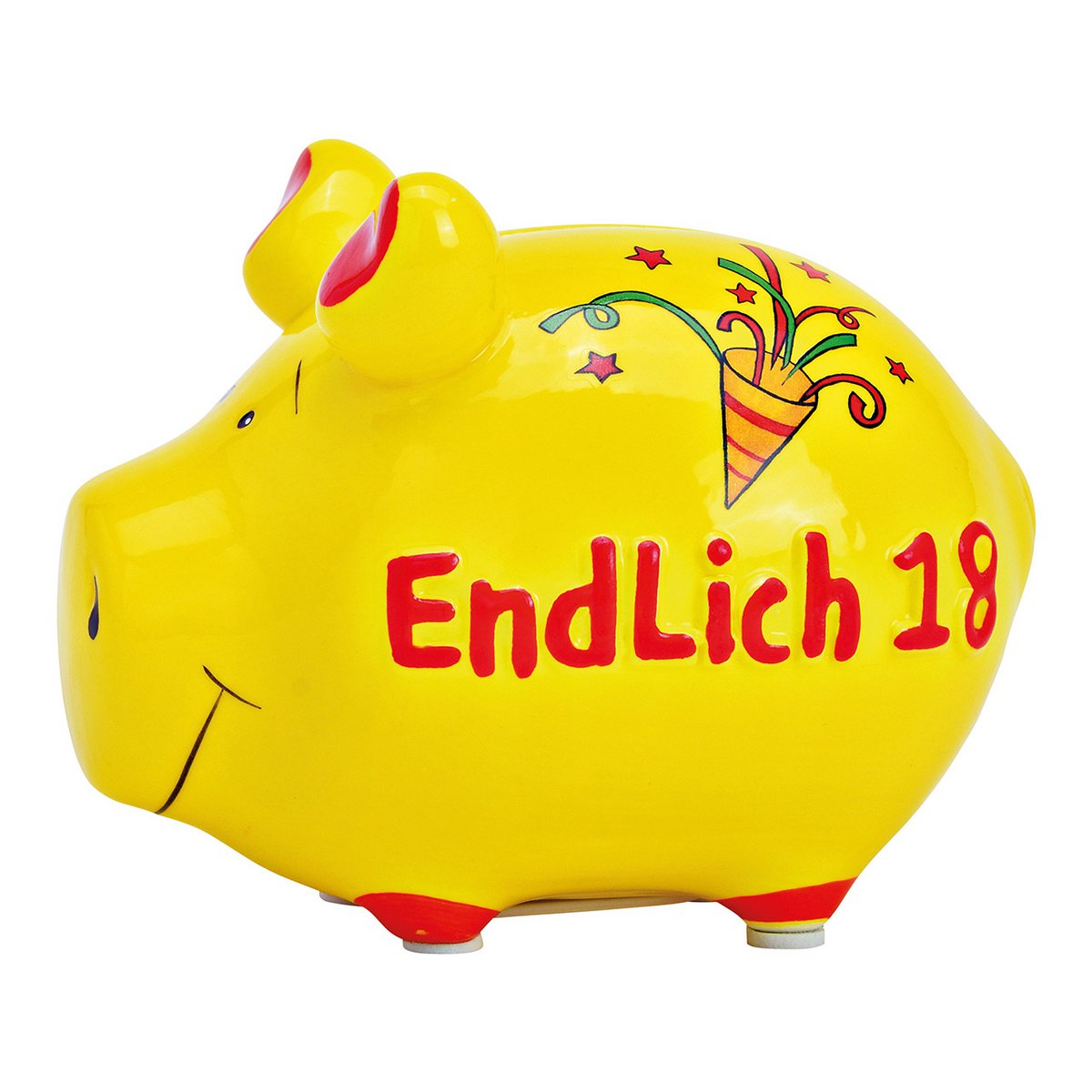 Piggy Bank Company Tirelire "Enfin 18" en céramique, jaune/rouge (L/H/P) 12,5x9x9 cm petit cochon