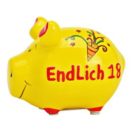 Piggy Bank Company sparegris "Endelig 18" lavet af keramik, gul/rød (B/H/D) 12,5x9x9 cm lille gris
