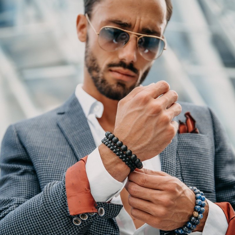 Mænds sorte onyx dobbelt perle armbånd