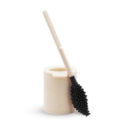 A beige pearl-colored toilet brush with a black bristle head. The brush is made from bio-sourced and recycled materials, as indicated by the eco-friendly label on the image.