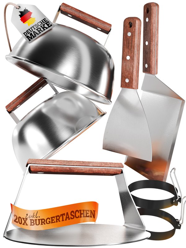Smash Burger Master set XXL [9-pc.] Stainless steel with acacia wood handles for Plancha, grill plate, gas grille & fire plate