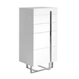 White wooden chiffonier with chrome steel frame. Tall, rectangular storage unit with multiple drawers for organizing and storing items.