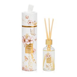Pink floral reed diffuser with blossom design, natural wooden sticks, elegant glass bottle, botanical home fragrance