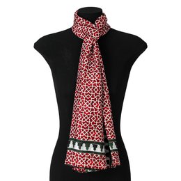 Red silk scarf with geometric print inspired by Andalusian tiles