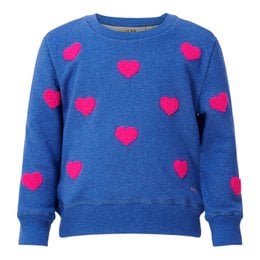 A blue sweatshirt with pink heart patterns, suitable for kids. The sweatshirt is made of a soft, comfortable material and is available in various sizes.