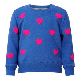 A blue sweatshirt with pink heart patterns, suitable for kids. The sweatshirt is made of a soft, comfortable material and is available in various sizes.
