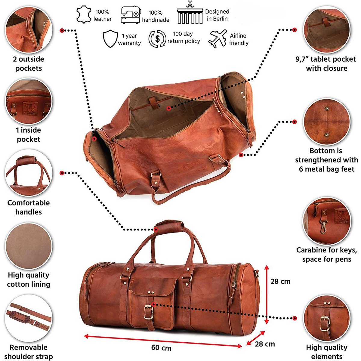 Handmade Moroccan Leather "Grand Voyager" Duffle – 28" (71cm) Extra-Large Curved Travel Bag with Triple External Pockets