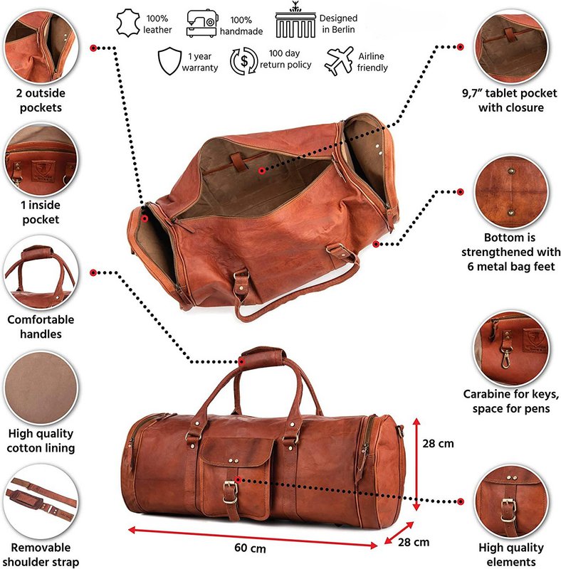 Håndlavet marokkansk læder "Grand Voyager" Duffle – 28" (71 cm) Ekstra stor buet rejsetaske med tredobbelte udvendige lommer