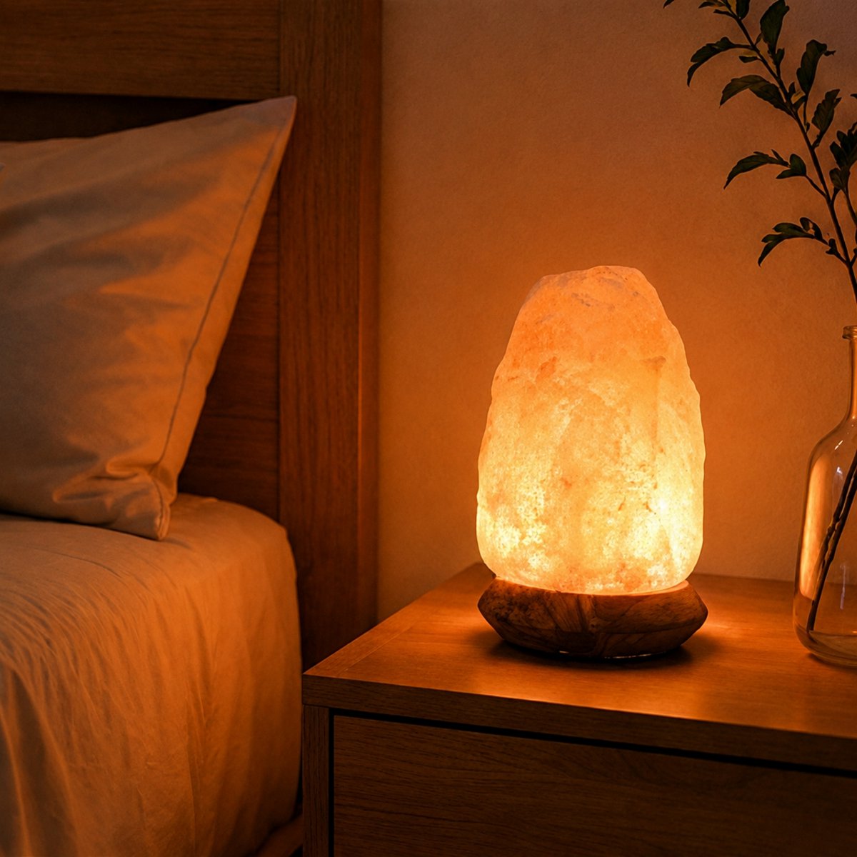 USB-lamp uit Himalayazoutkristal – steen 600 g – houten voet – decoratief object