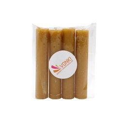 Set of 4 cylindrical dinner candles in warm colors: golden brown, coral orange, beige, honey, and cream. Tall pillar candles for table decoration.
