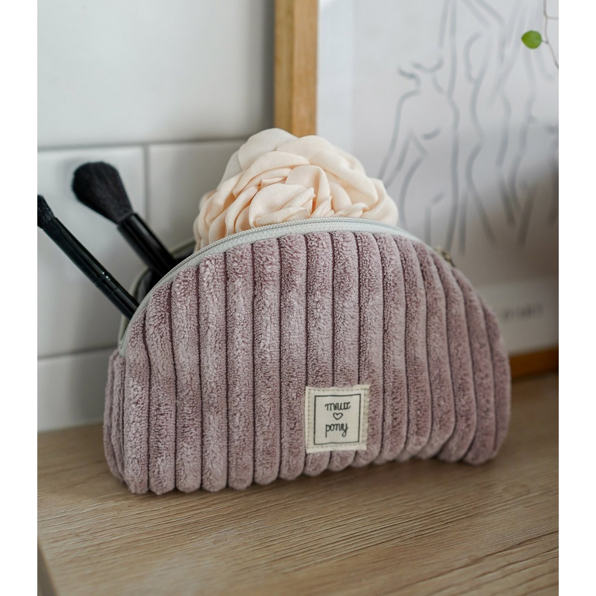 Magenta Grijs - Corduroy Vanity Bag met waterdicht interieur