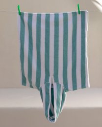 Aqua striped kids beach poncho, soft terry cloth, vertical stripes, hooded bathrobe for children