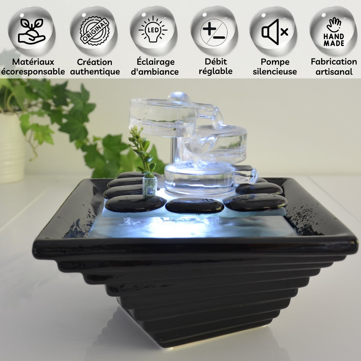 Fontana da Interno - Himalaya - Linea Crystal in Vetro e Ceramica - Decorazione Meditazione - Luce Bianca - Idea Regalo Decorativa
