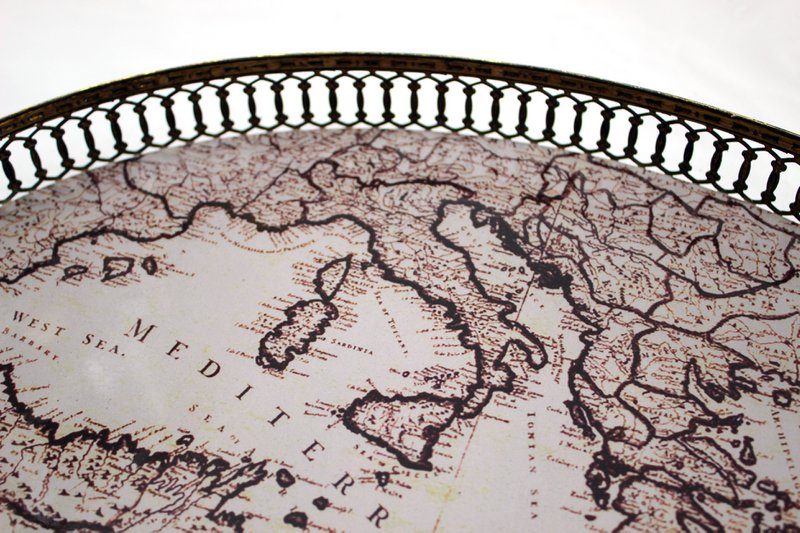 Signature tray oval antique world map edge grid gold