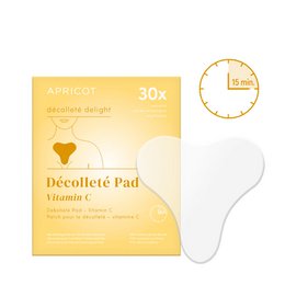 Apricot-colored decollete pad with vitamin C, designed to provide 30 treatments for the decollete area. The pad is intended to nourish and revitalize the skin on the chest and neck.