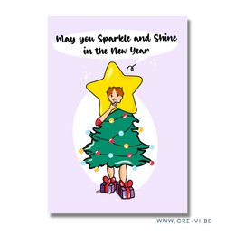 A festive Christmas card with a cheerful illustration of a person decorating a Christmas tree. The card wishes the recipient a sparkling and shining new year.