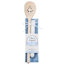 Kochlöffel, "Glück beginnt am Meer", Ankermotiv, Spruch, Holz, naturfarben, VE 6, B. 31 cm, H. 2 cm