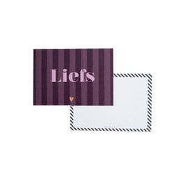 A6 card with the text "Love" printed in a stylized font against a striped purple background.
