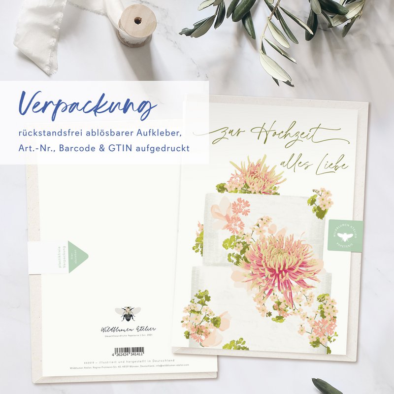 Folding card 'all the best for the wedding' cake with flowers, including envelope