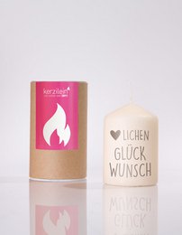 Pink and cream pillar candles with German text "Lieben Glück Wunsch" and congratulations message, decorative flame design.