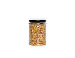 Old-fashioned honey mustard condiment in a glass jar with a black lid. The jar contains a golden-colored mustard sauce with visible mustard seeds.