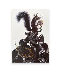 Whimsical postcard featuring a playful squirrel hiding nuts in a tree stump. The image has a charming, illustrated style with a humorous caption.