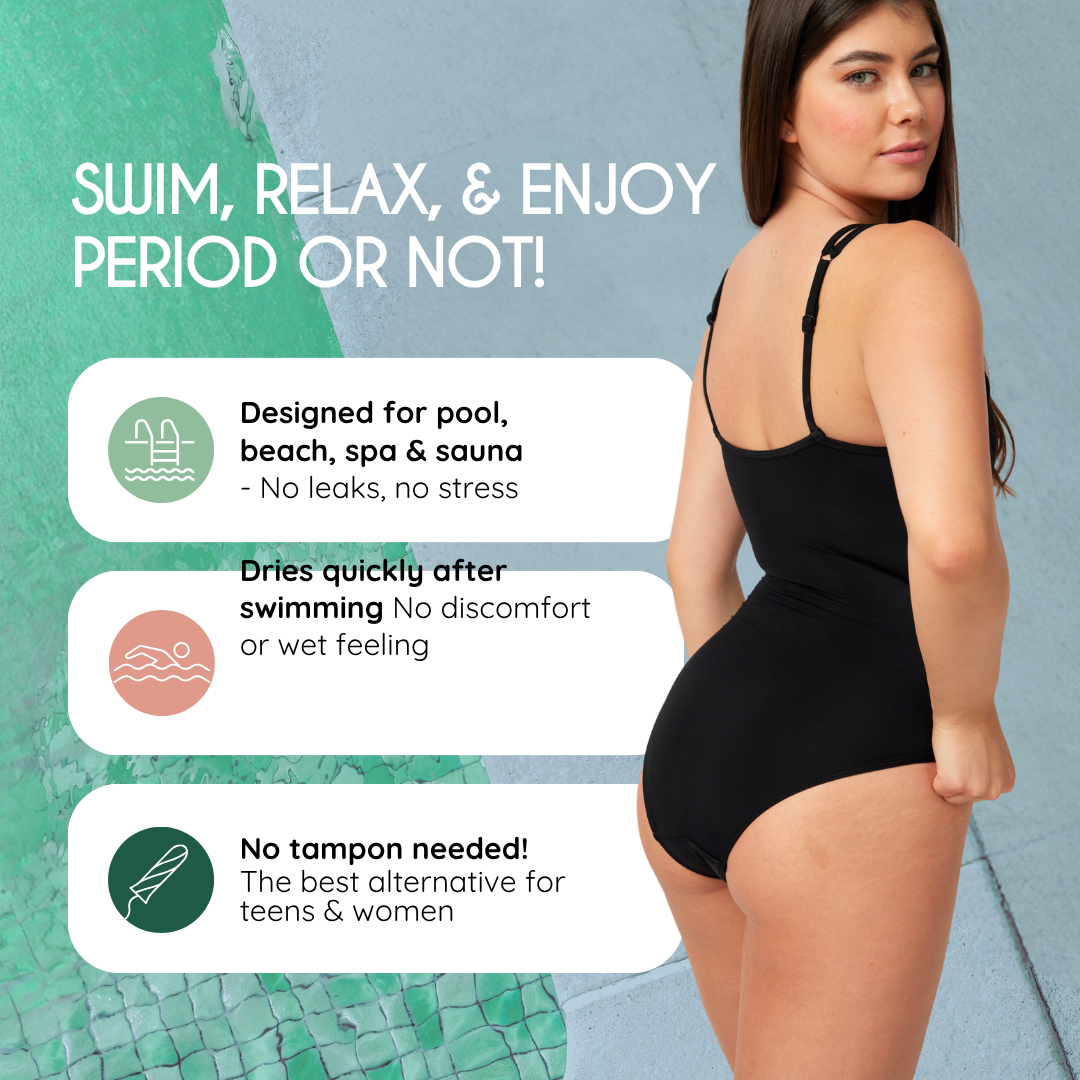 Femieko Scarlett reutilizable traje de baño menstrual-absorción moderada, protección contra fugas de 3 capas, negro