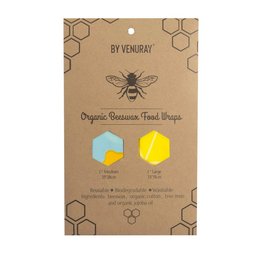 Organic beeswax food wraps in a 2-pack, made by Venuray. The wraps are yellow and hexagon-shaped, featuring a bee graphic on the packaging.