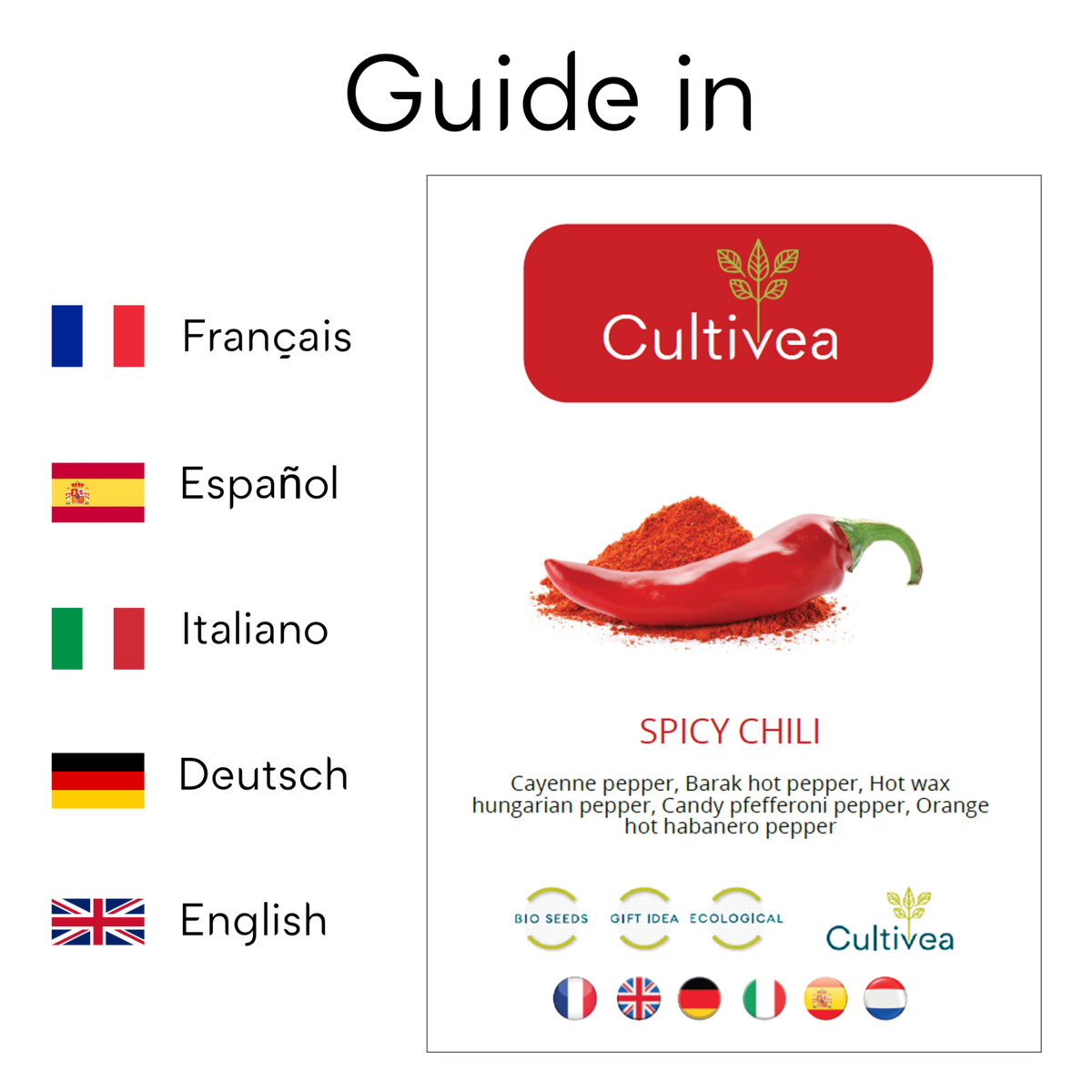 CULTIVEA® Organic Chili Pepper Kit to Plant – Chili Seed Box with Habanero Orange, Cayenne, Barak, Hungarian and Candy Chili – Complete Vegetable Seed Kit – Gift Idea