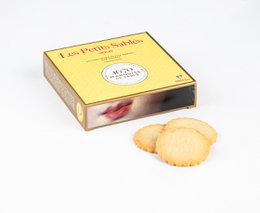 Lemon chip shortbread cookies in a 100g cardboard box. The box has a yellow and red design with a circular logo.