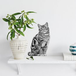 A black and white illustration of a British shorthair cat sitting on a shelf next to a potted plant.
The image shows a detailed illustration of a British shorthair cat. The cat has a short, dense coat with distinct stripes and markings. It is sitting upright on a shelf, with a potted plant in the background. The overall style of the illustration is realistic and detailed, capturing the distinctive features of the British shorthair breed.
