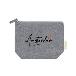 Customizable 100% recycled cotton eco-friendly pencil case in beige and grey colors, featuring the Amsterdam logo.