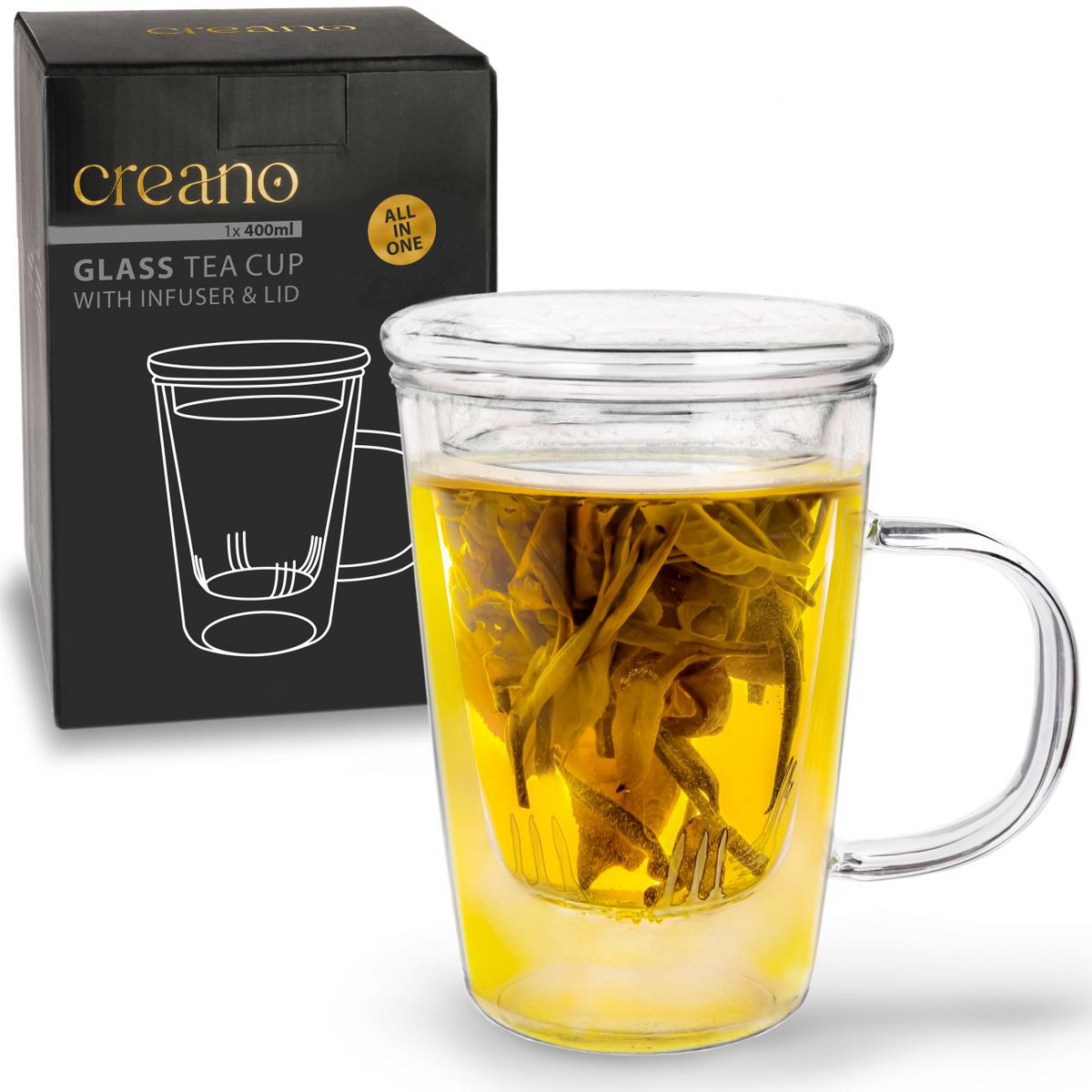 Creano Teeglas All-in-One 400ml Sieb Deckel